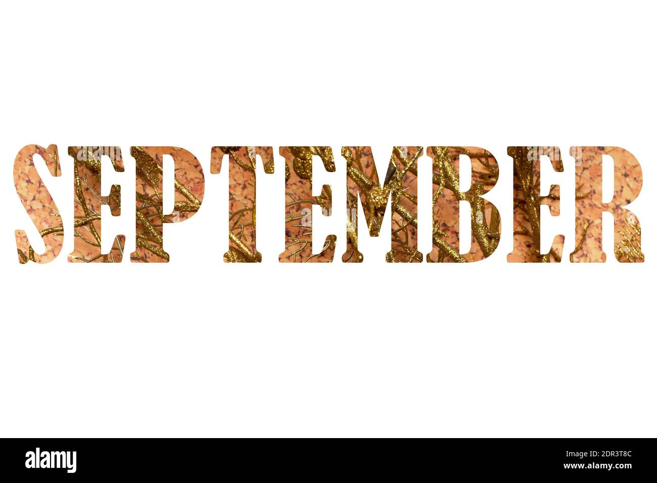 Word September from yellow, orange and golden letters on white paper background. Concept Hello fall. Creative Top view Flat lay Copy space. Stock Photo