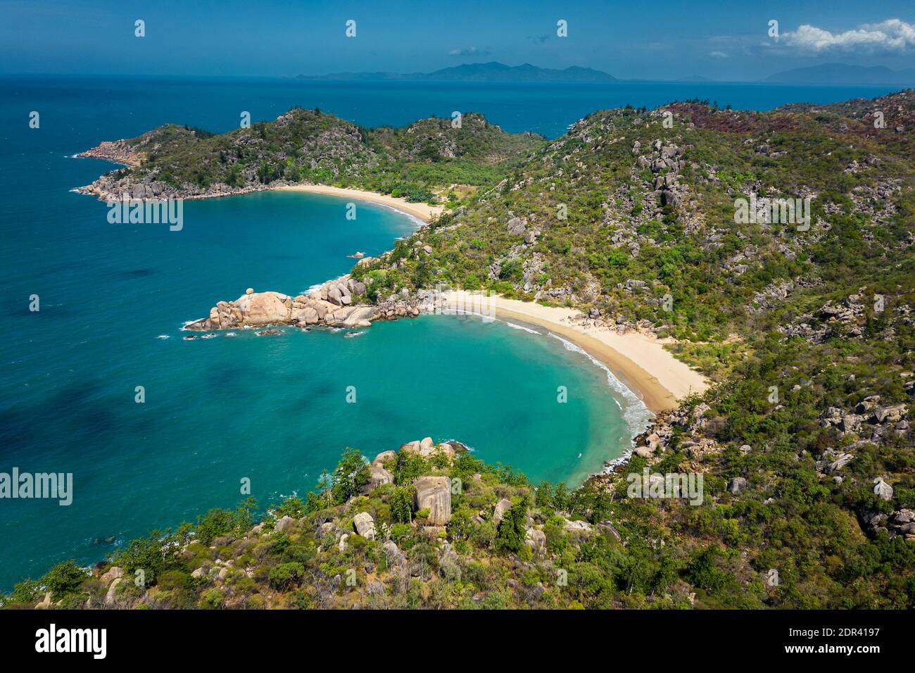 Aerial shot of Balding Bay and Radical Bay on famous Magnetic Island. Stock Photo