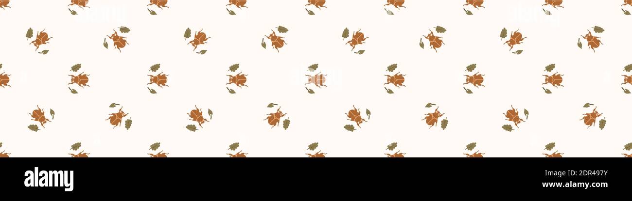 Seamless background beetle insect gender neutral baby border pattern. Simple whimsical minimal earthy 2 tone color. Kids nursery wildlife bug edging Stock Vector