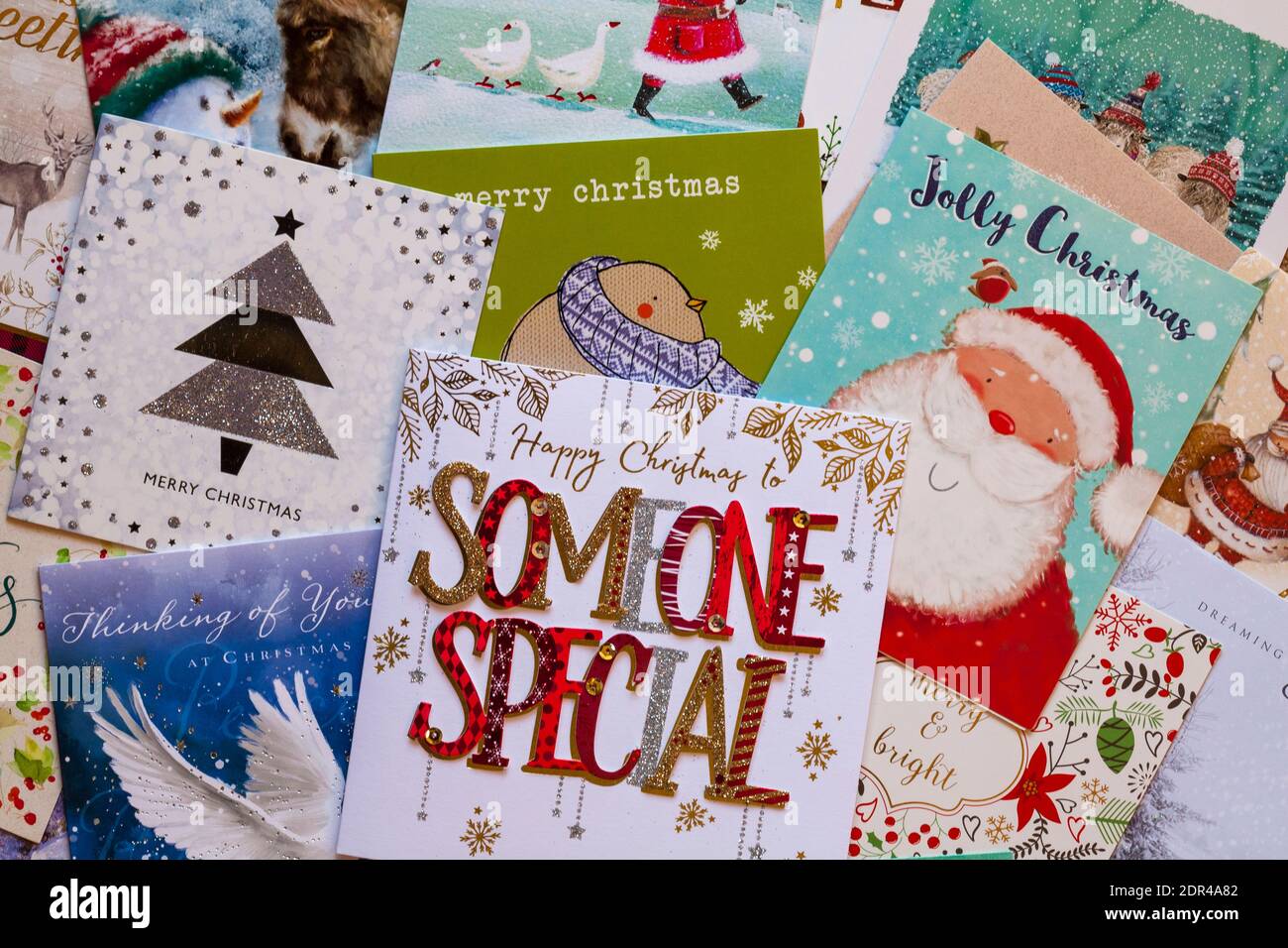 Pile of Christmas cards - selection of christmas cards Stock Photo