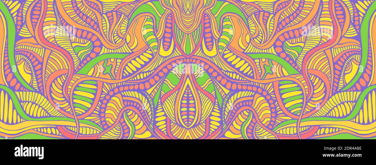 Fantastic Psychedelic Colorful background with many crazy geometric pattern. Stock Vector