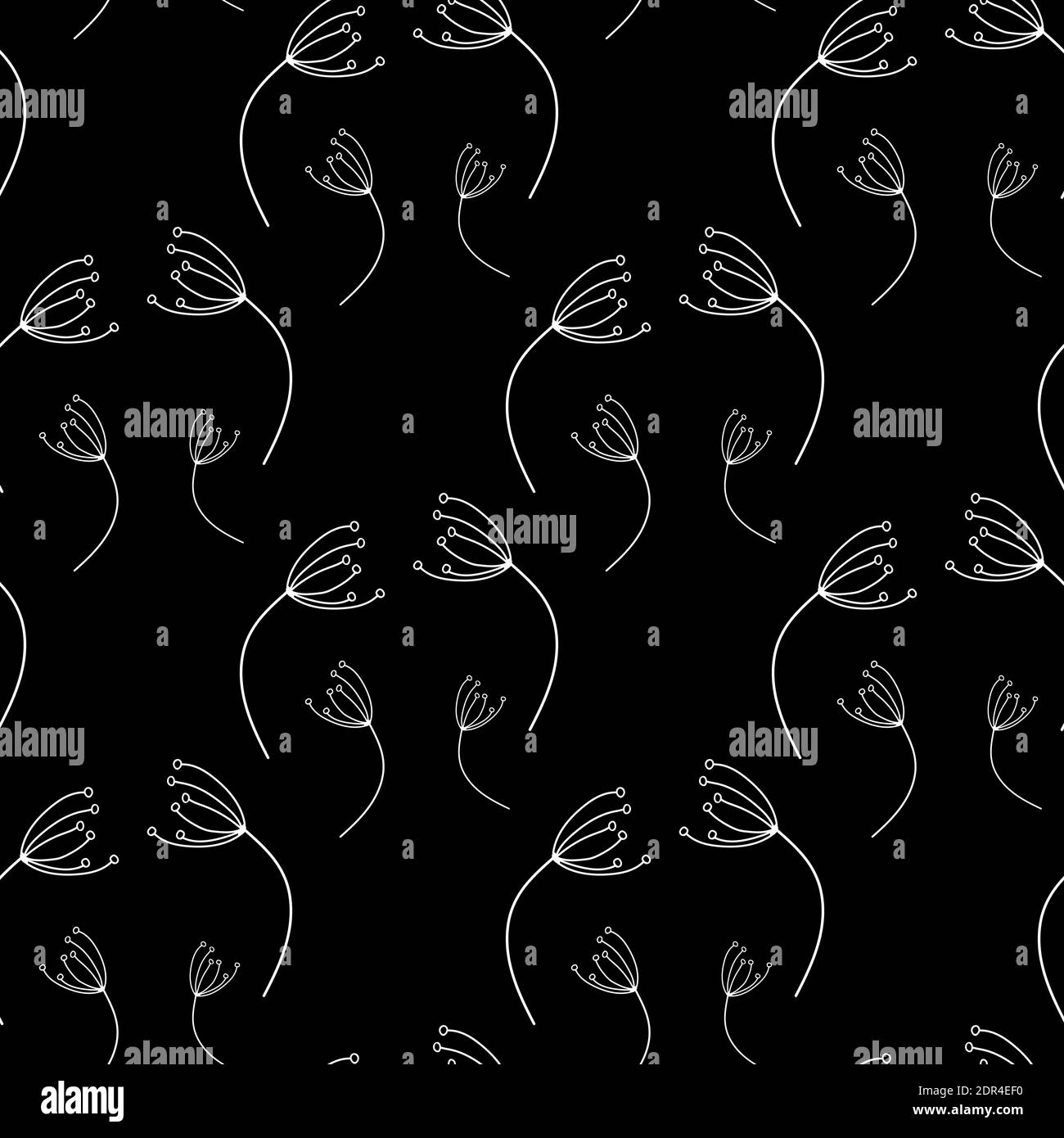 Floral pattern of dandelions. Seamless simple black background with flying dandelion eps10 Stock Vector