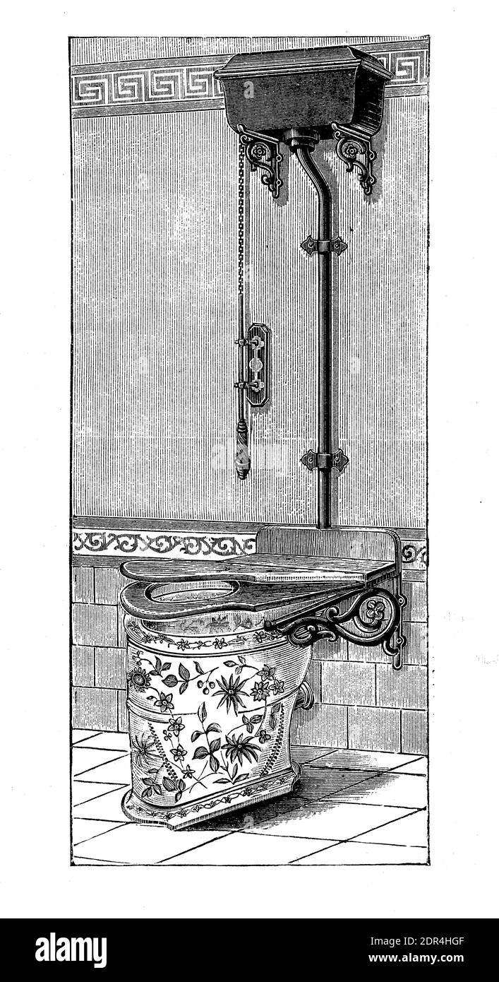 Water closet installation with water flushing down the ceramic decorated toilet from the tank, 19th century illustration Stock Photo