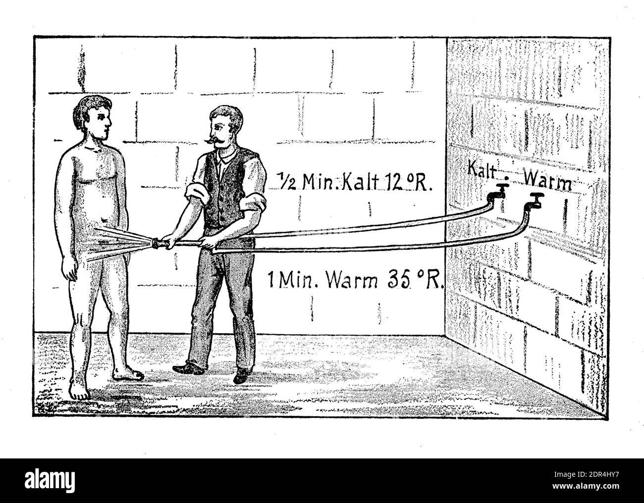 Contrast shower therapy man taking a shower froma nurse, alternating