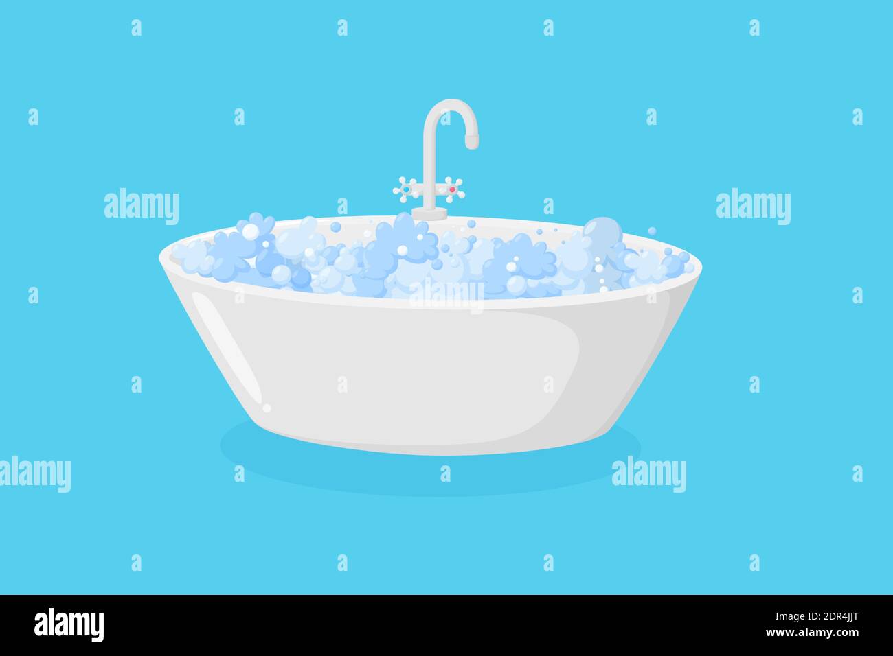 Bathtub with suds and faucet. Luxury ellipse tub with tap with soap foam isolated in blue