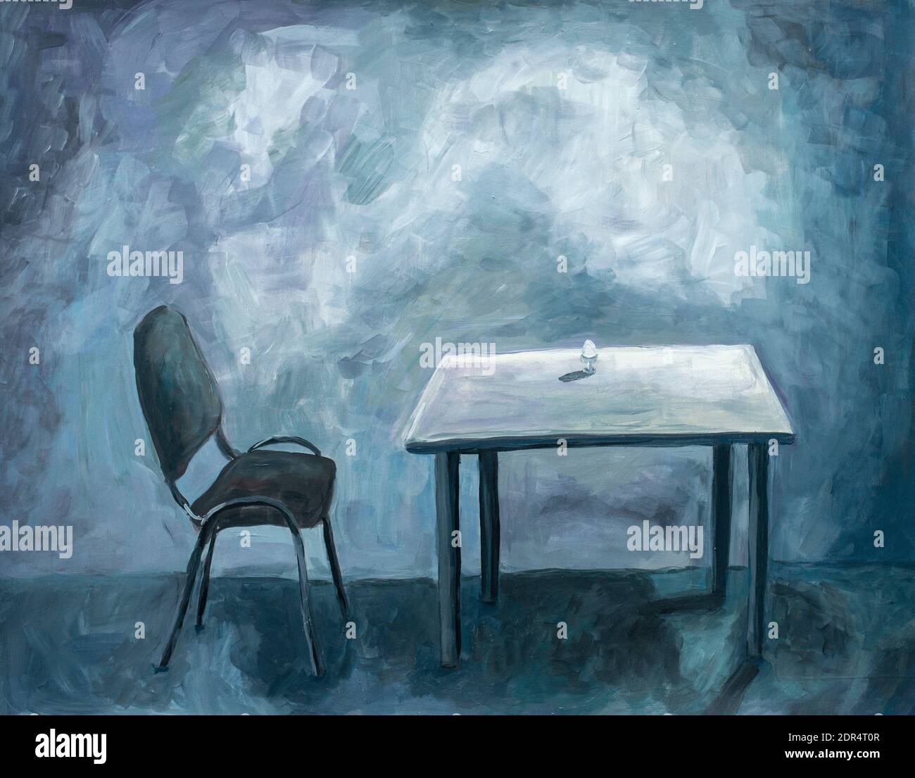 Empty room with table and chair. Acrylic painting. Surreal atmosphere
