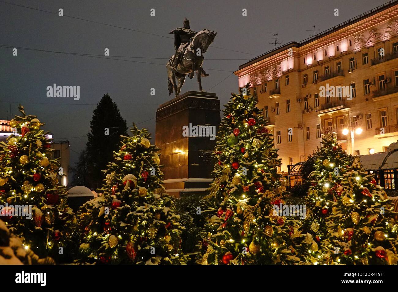 Moscow new year 2021 (christmas) decoration.Yuriy Dolgorukiy Statue. Stock Photo