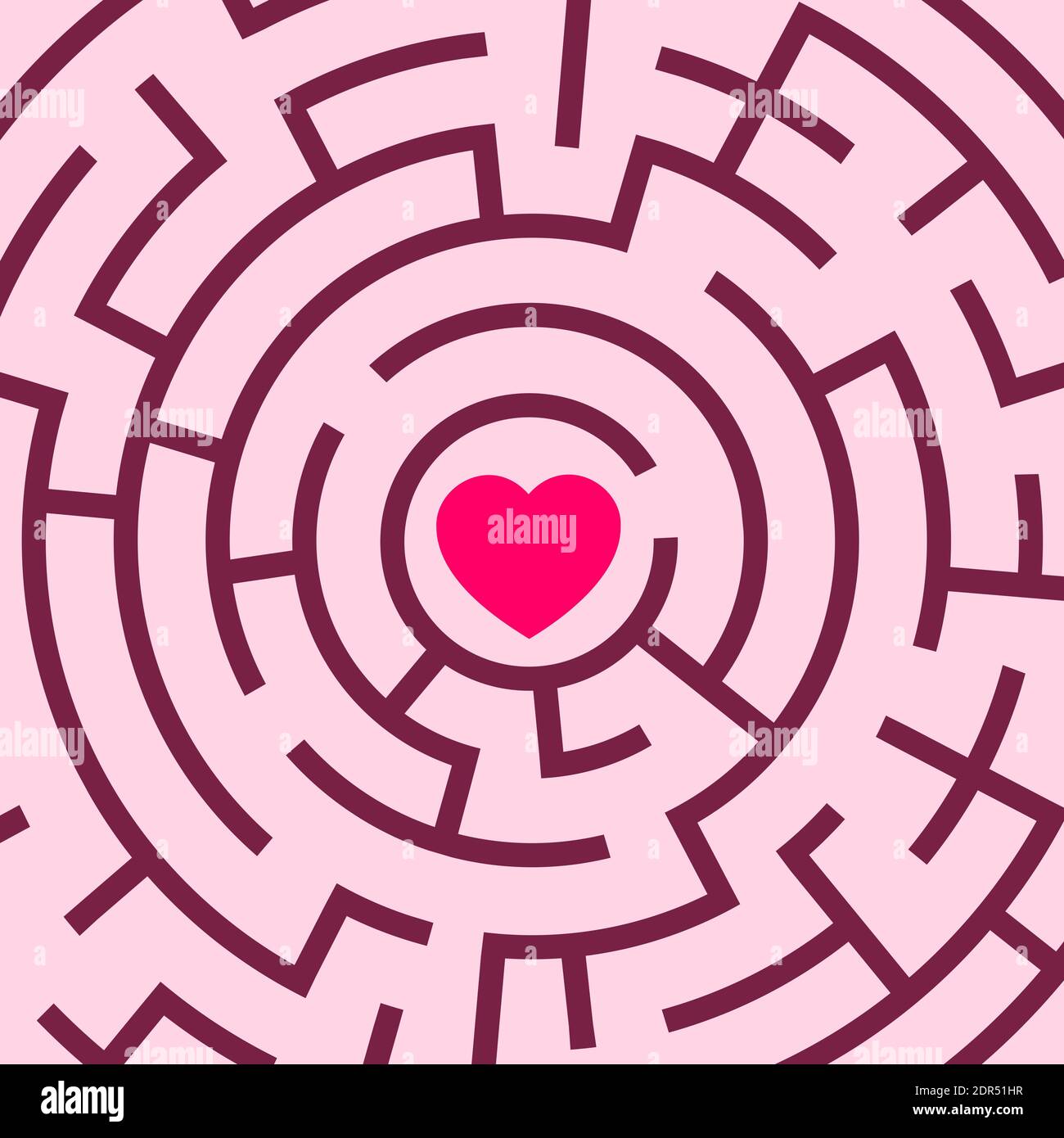 Romantic love heart in the center of the labyrinth - difficulty, problem and troble to find love, romance and amorous affection. Vector illustration Stock Photo