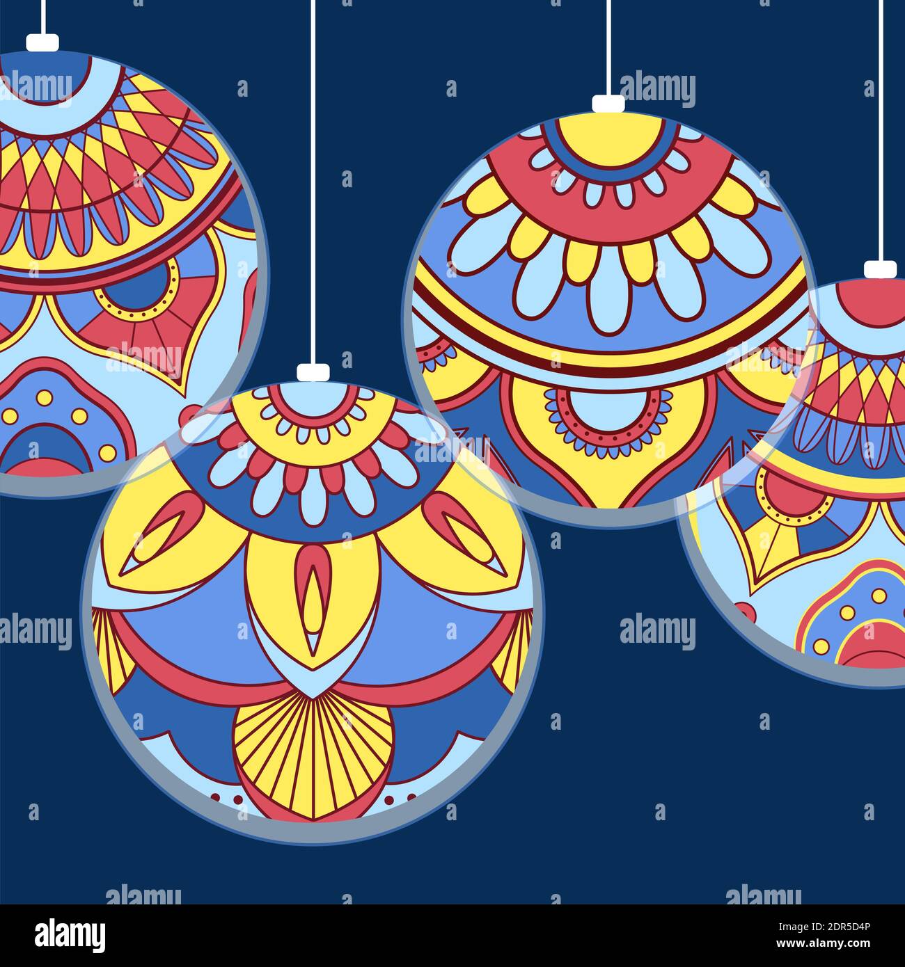 Colored Christmas tree toys, decorations. Festive background. Stock Vector
