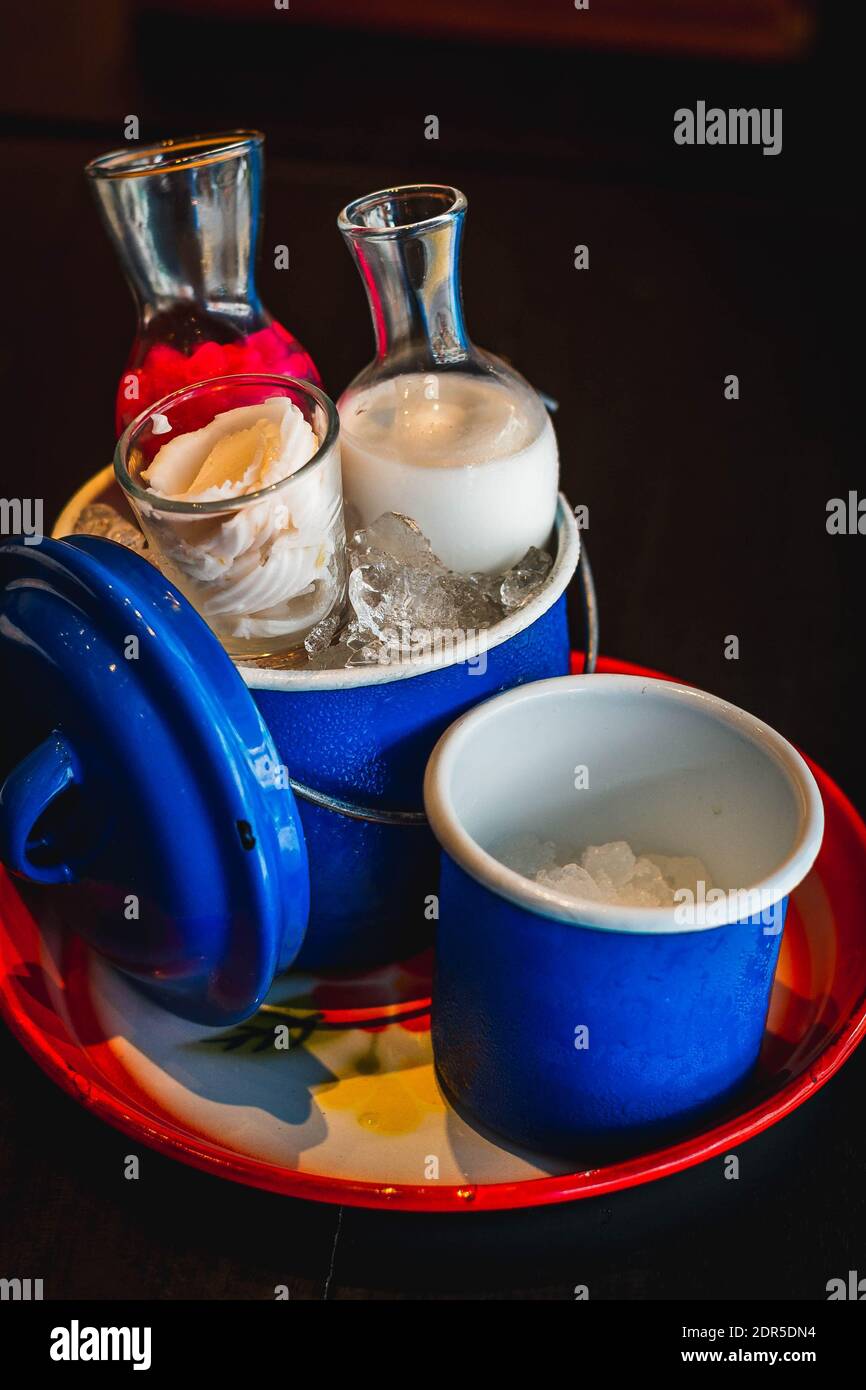 deconstructed Red Ruby dessert consisting of coconut flavoured ice