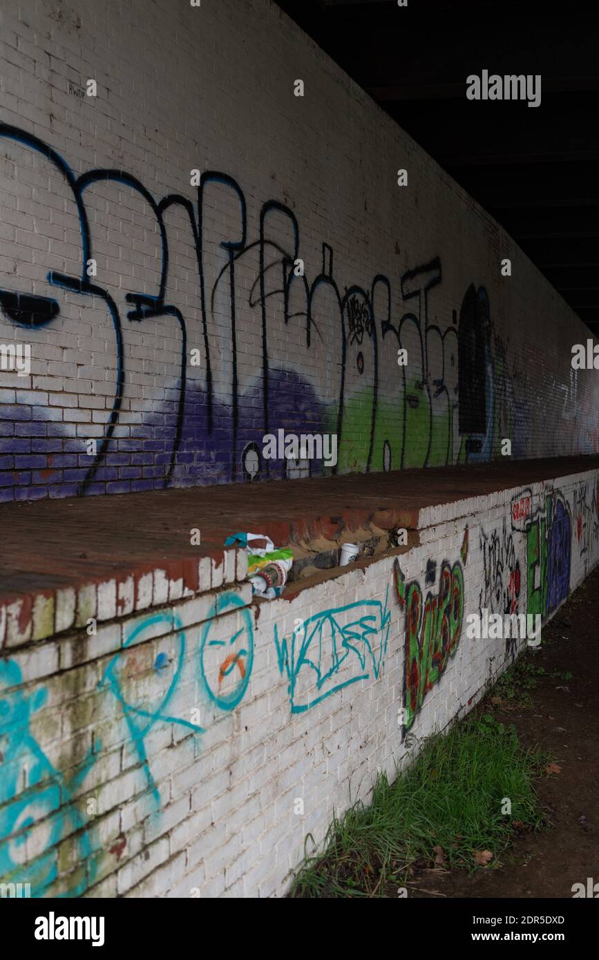 Underneath canal flyover  with graffiti subway Stock Photo