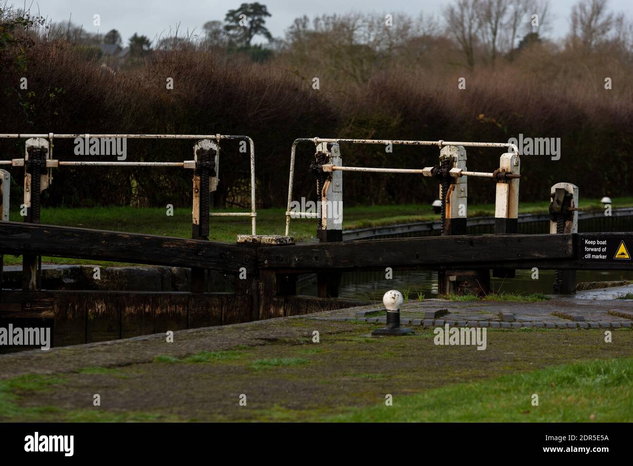 Lock gates for canal shut from 45 degree angle Stock Photo