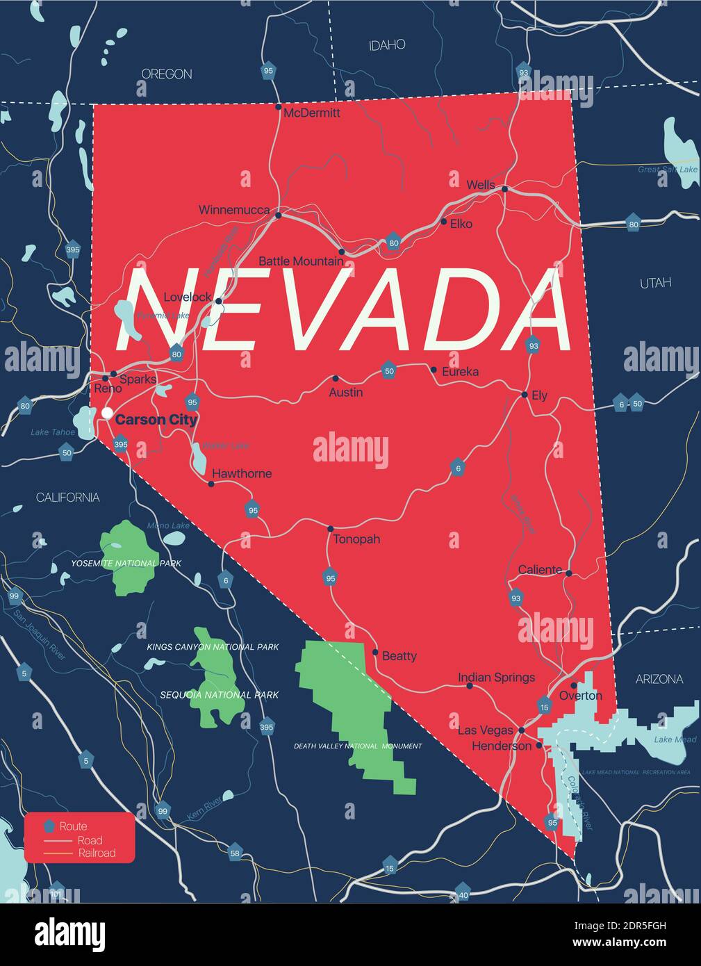 Nevada state detailed editable map with cities and towns, geographic sites, roads, railways, interstates and U.S. highways. Vector EPS-10 file, trendi Stock Vector