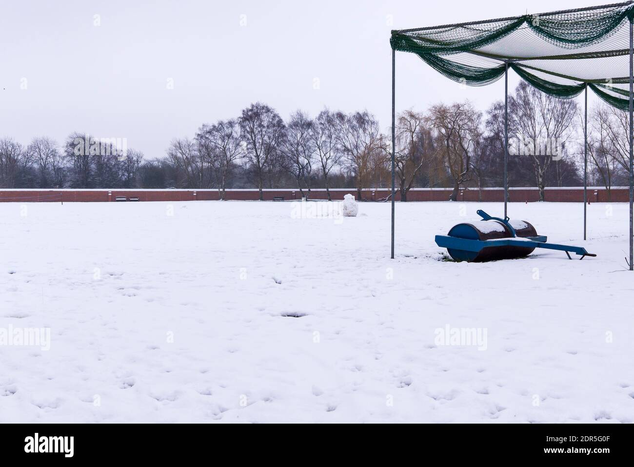 Cricket ground practice nets under snow Stock Photo Alamy