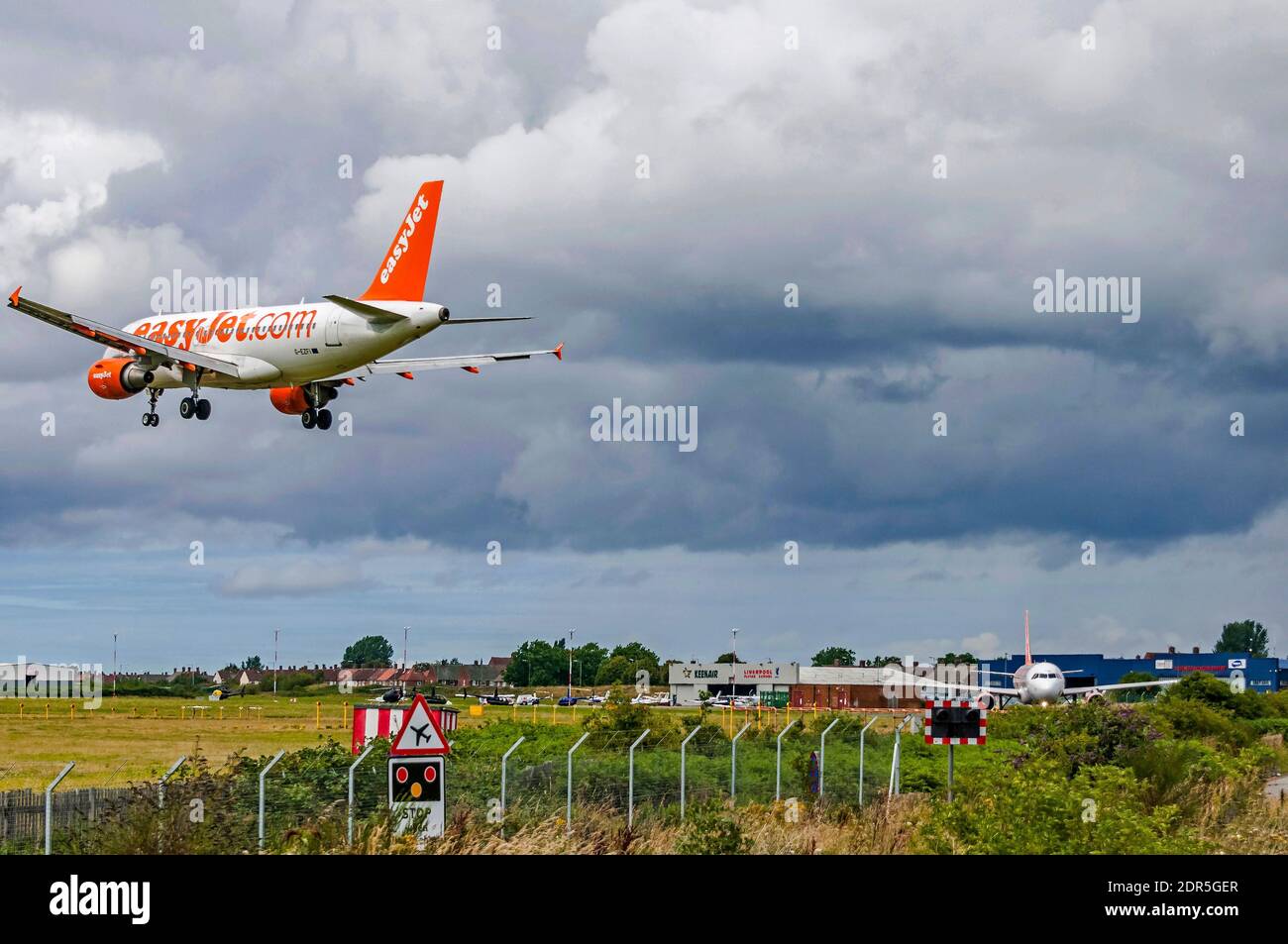 Easyjet Airbus planes at Liverpool airport. Plane landing Stock Photo