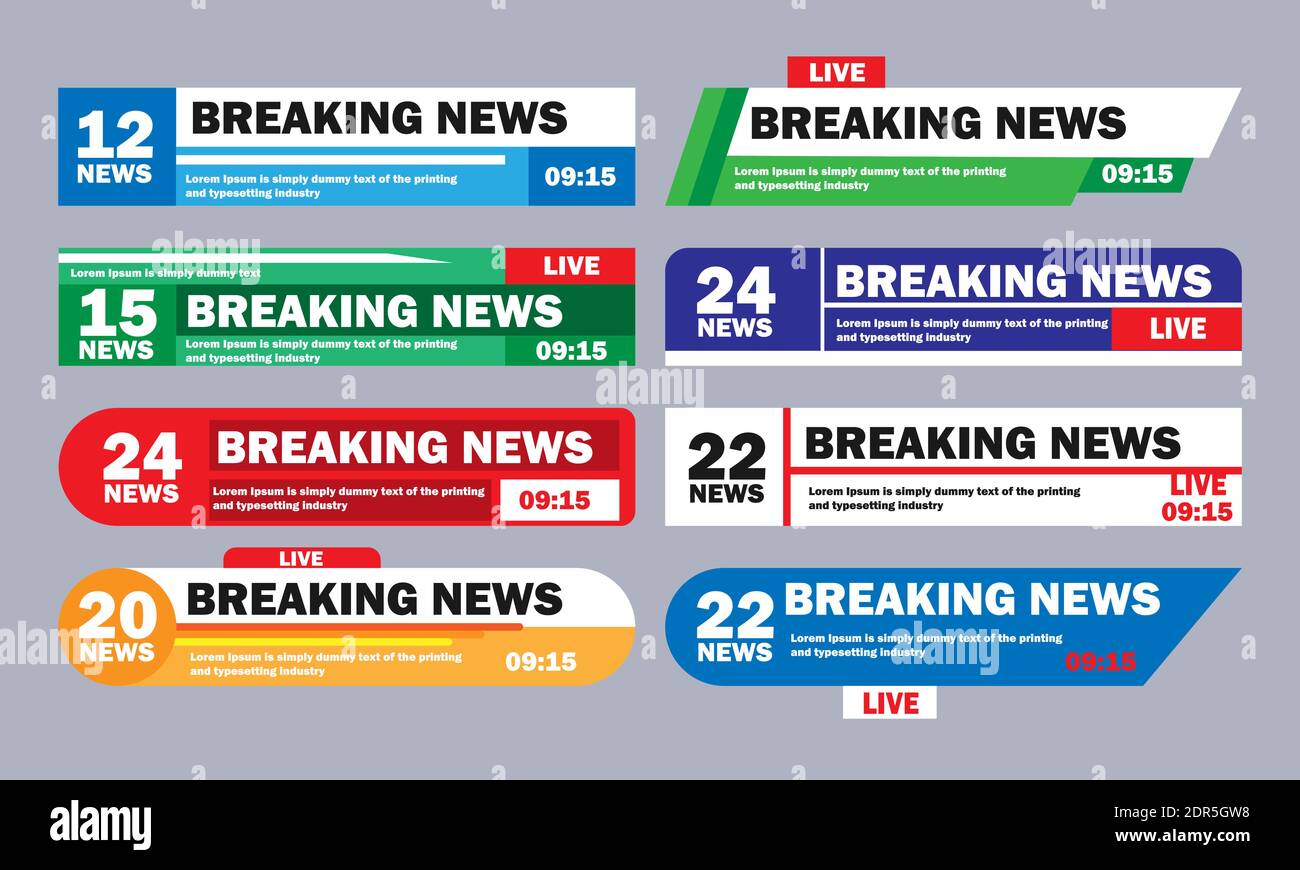 Breaking news banners collection. Live broadcast on TV fake news. Set of abstract headlines breaking news vector illustration Stock Vector