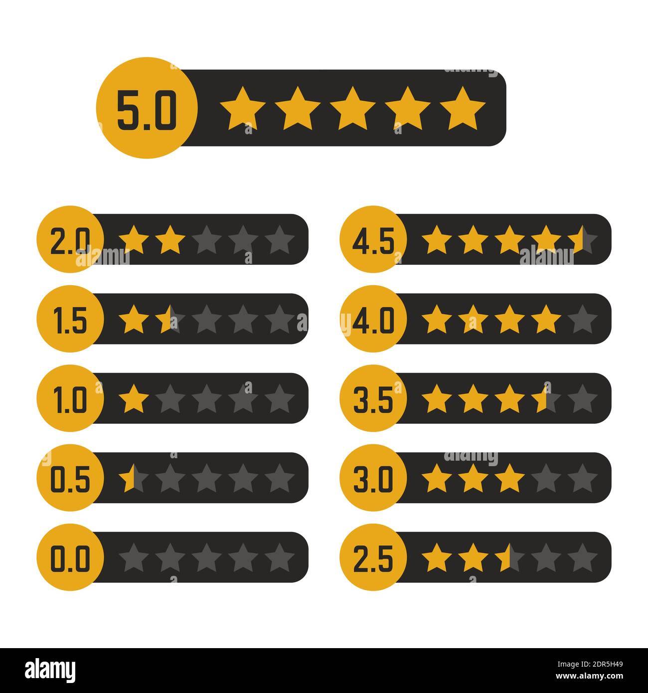 Black and yellow star rating design gold icons set. Review the quality