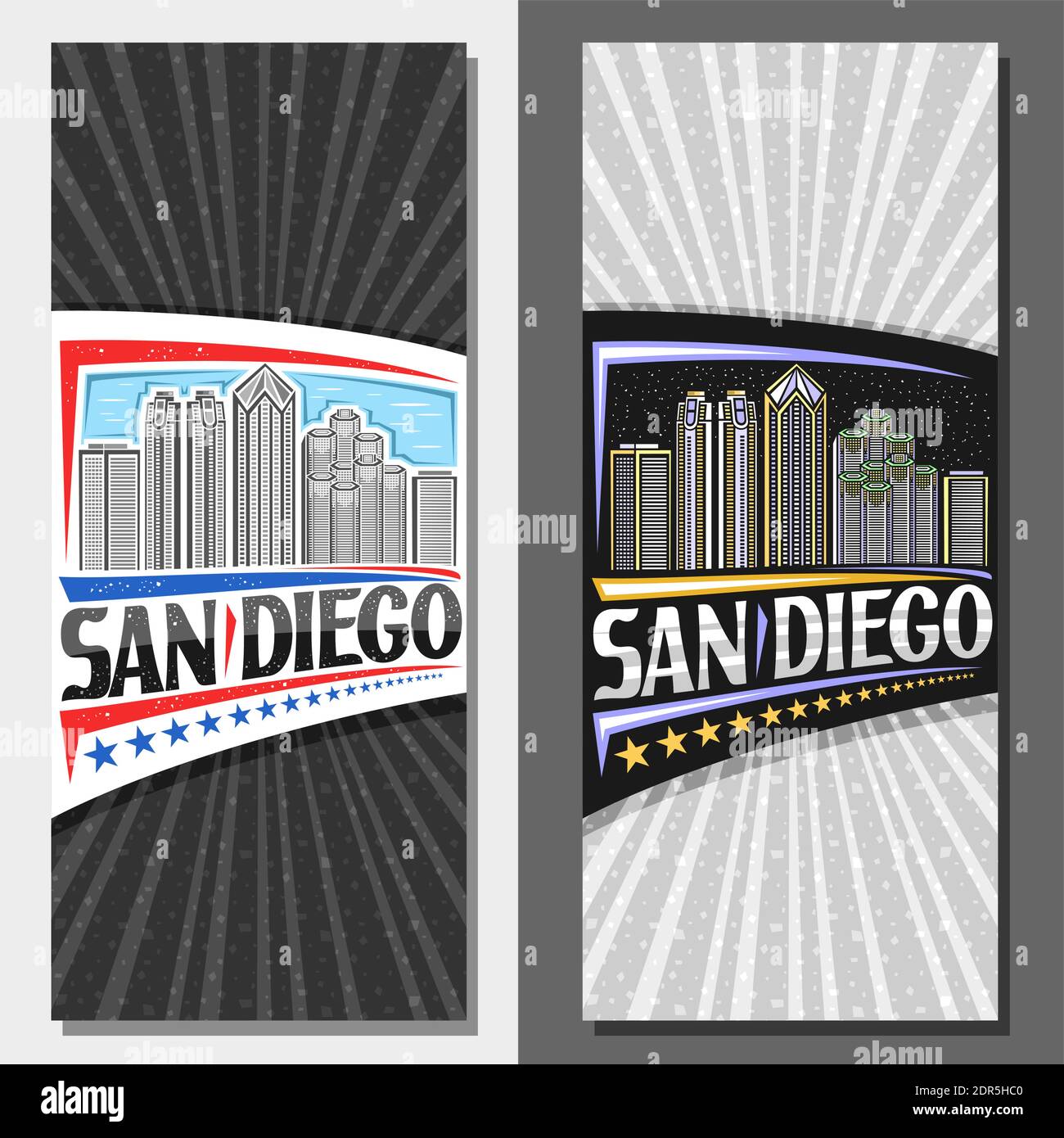 Vector vertical layouts for San Diego, decorative leaflet with outline illustration of modern city scape on day and dusk sky background, art design br Stock Vector