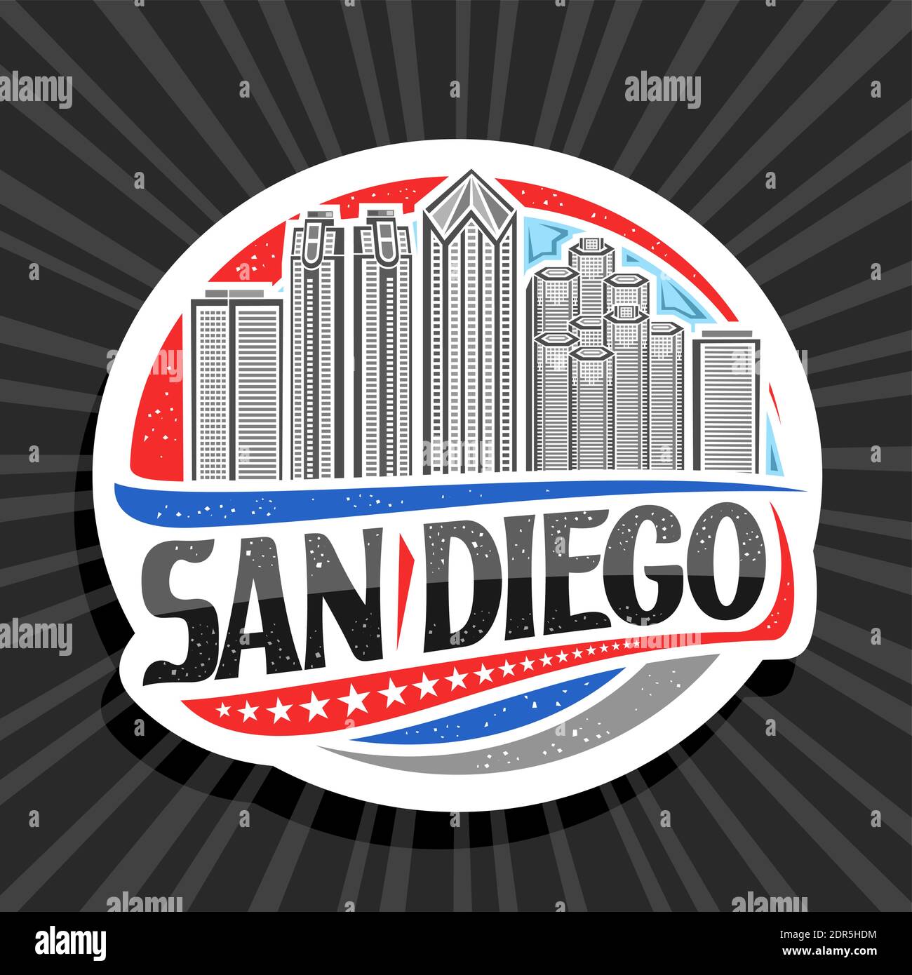 Vector logo for San Diego, white decorative sticker with outline illustration of famous city scape on day sky background, art design tourist fridge ma Stock Vector