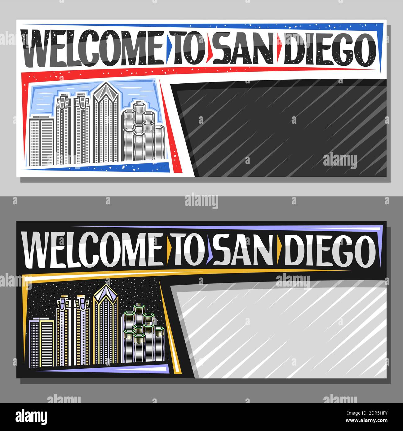 Vector layouts for San Diego with copy space, decorative voucher with outline illustration of urban city scape on day and dusk sky background, art des Stock Vector