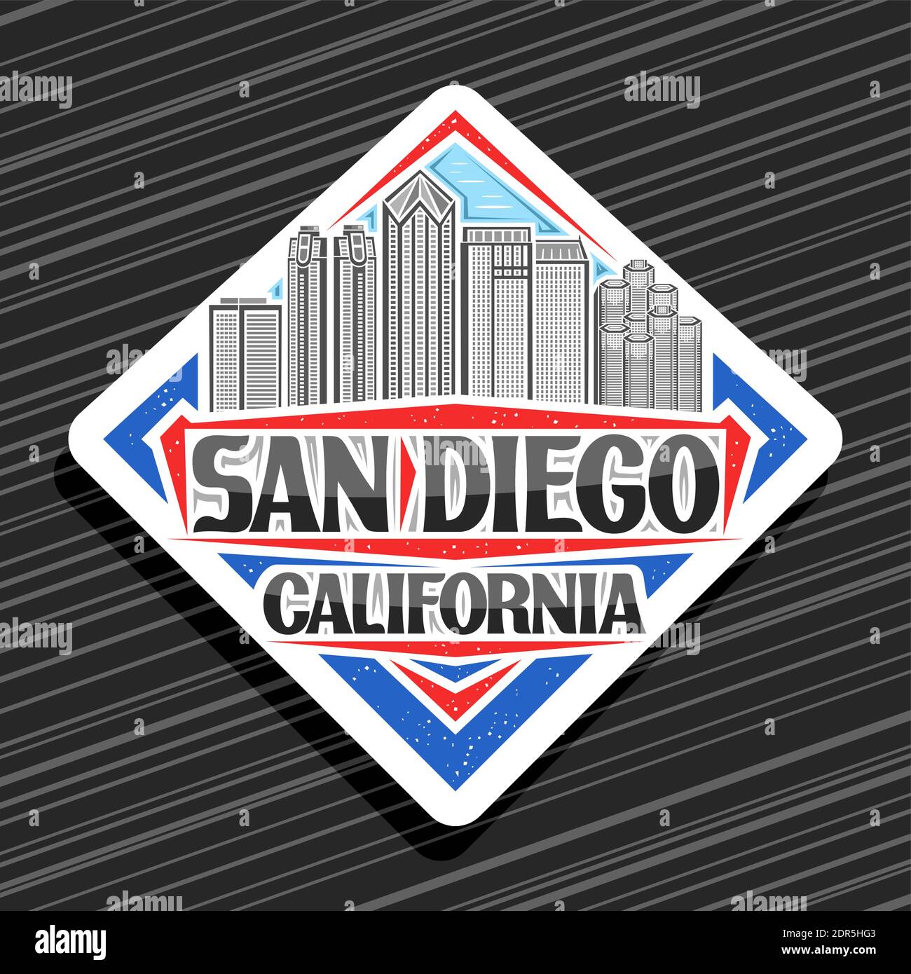 Vector logo for San Diego, white road sign with line illustration of famous city scape on day sky background, art design tourist fridge magnet with un Stock Vector