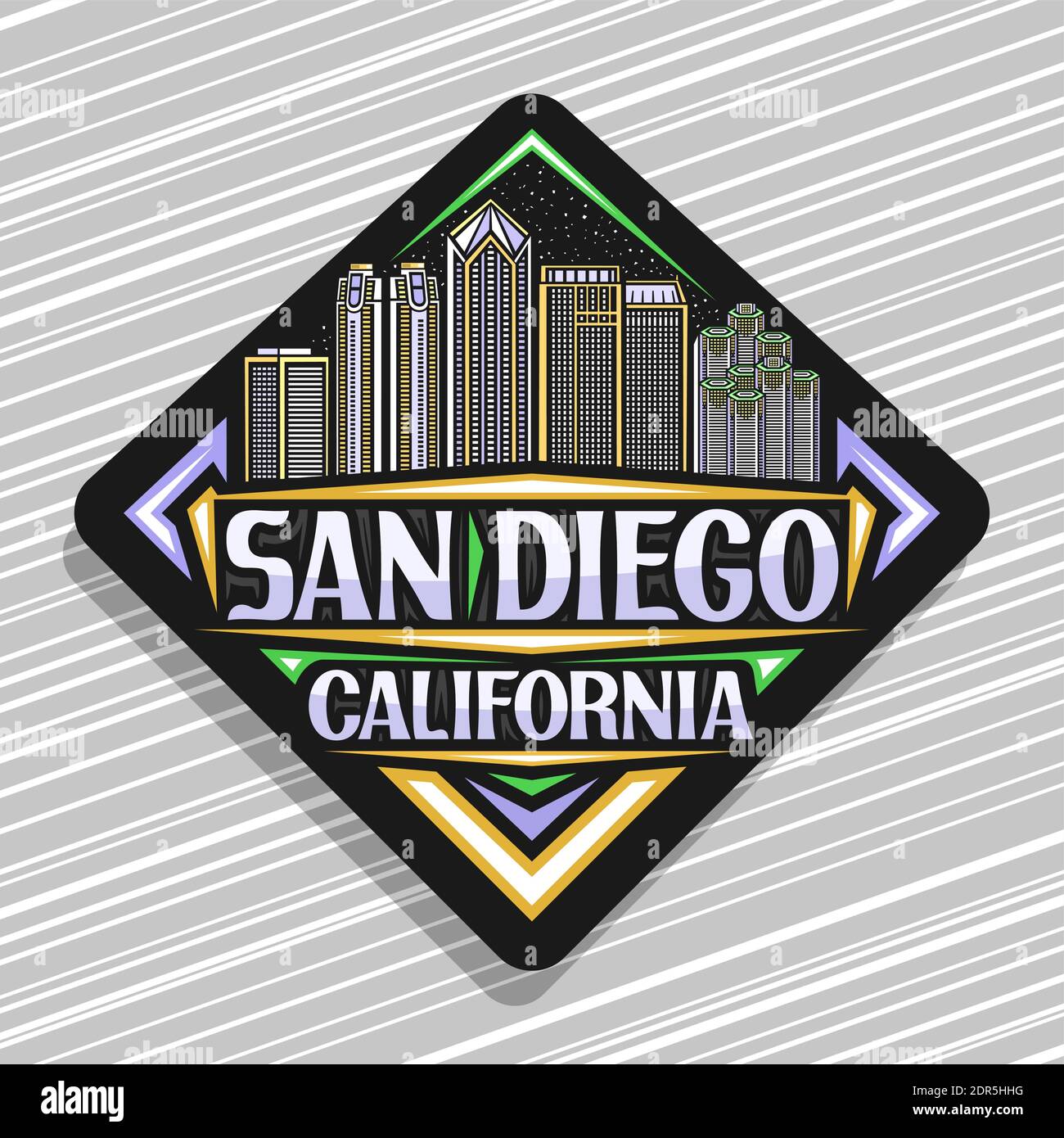 Vector logo for San Diego, black rhombus road sign with outline illustration of american city scape on dusk sky background, tourist fridge magnet with Stock Vector