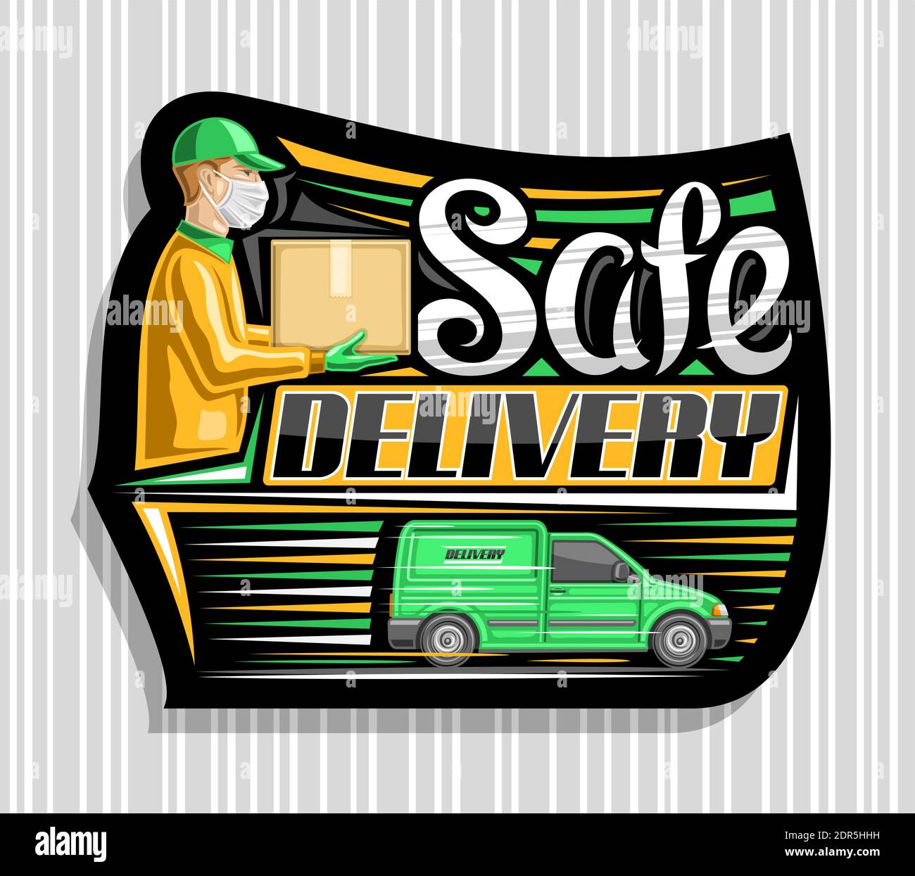 Vector logo for Safe Delivery, black signage with illustration of man