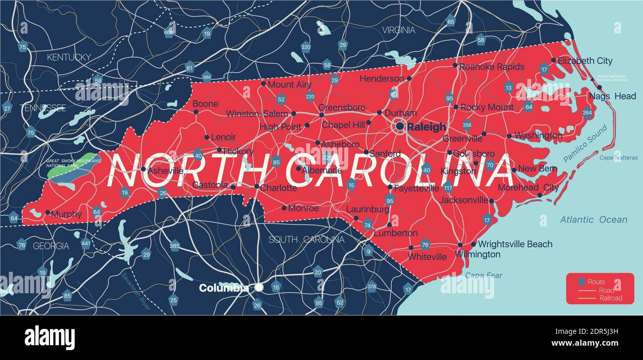North Carolina state detailed editable map with cities and towns, geographic sites, roads, railways, interstates and U.S. highways. Vector EPS-10 file Stock Vector