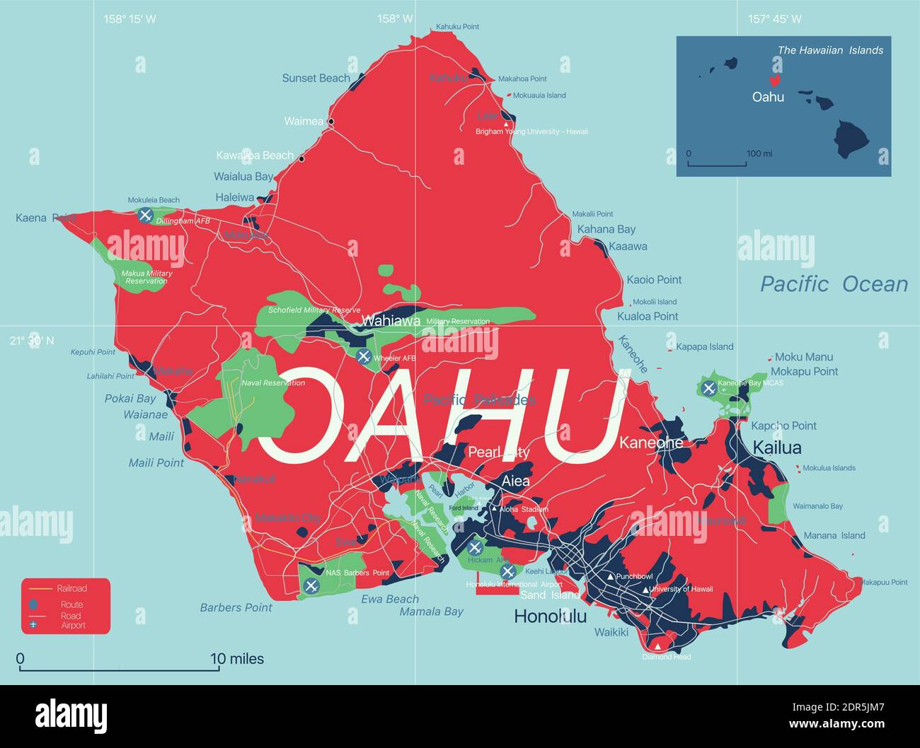 Oahu island detailed editable map with cities and towns, geographic sites, roads, interstates and U.S. highways. Vector EPS-10 file, trending color sc Stock Vector