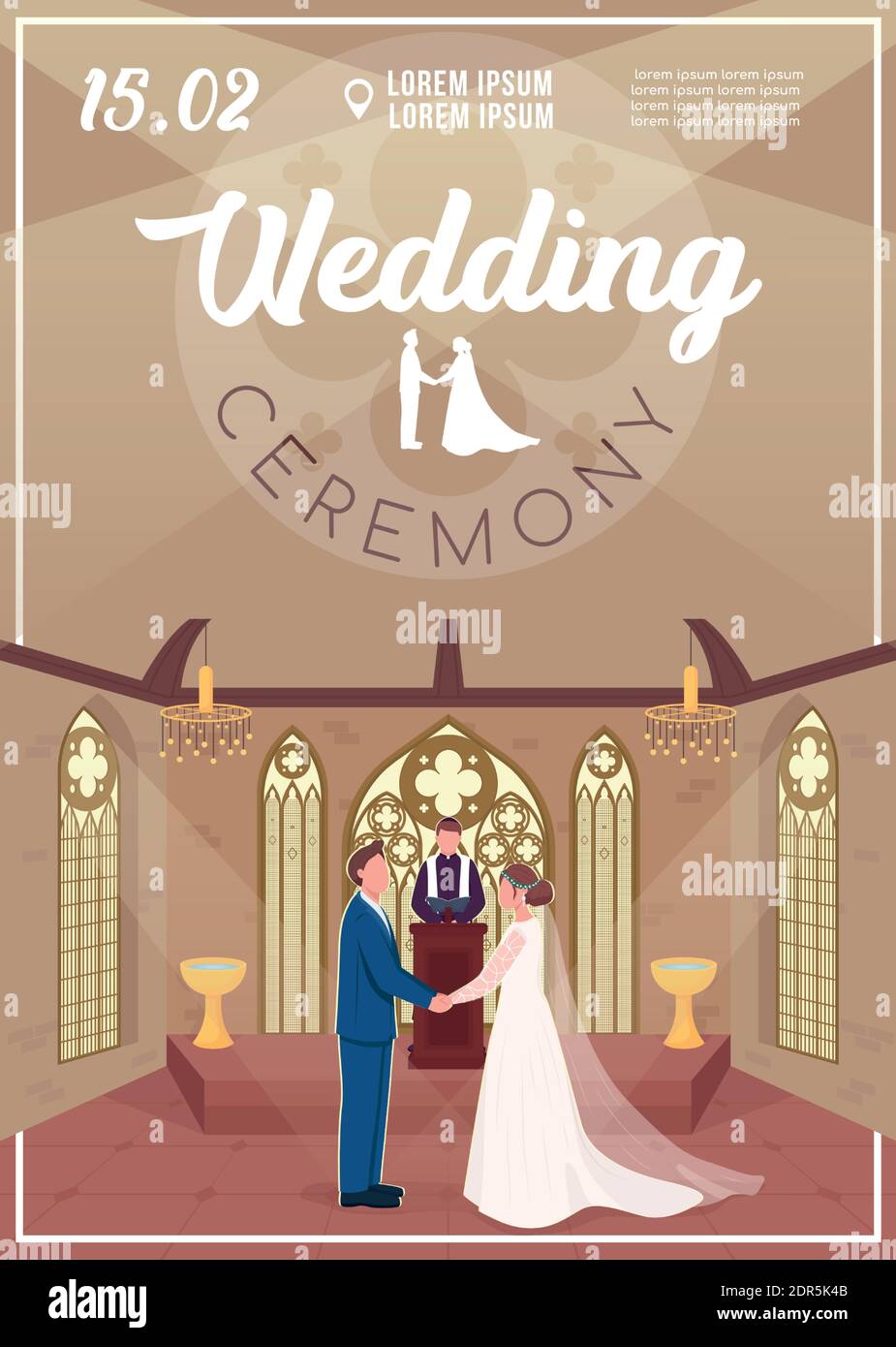 Wedding ceremony invitation flat vector template. Couple in church ...