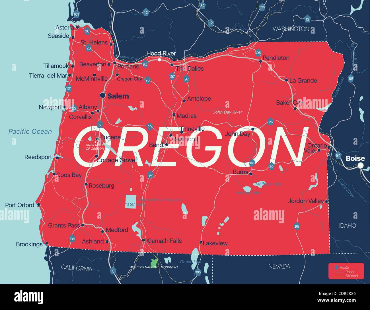 Oregon state detailed editable map with cities and towns, geographic sites, roads, railways, interstates and U.S. highways. Vector EPS-10 file, trendi Stock Vector