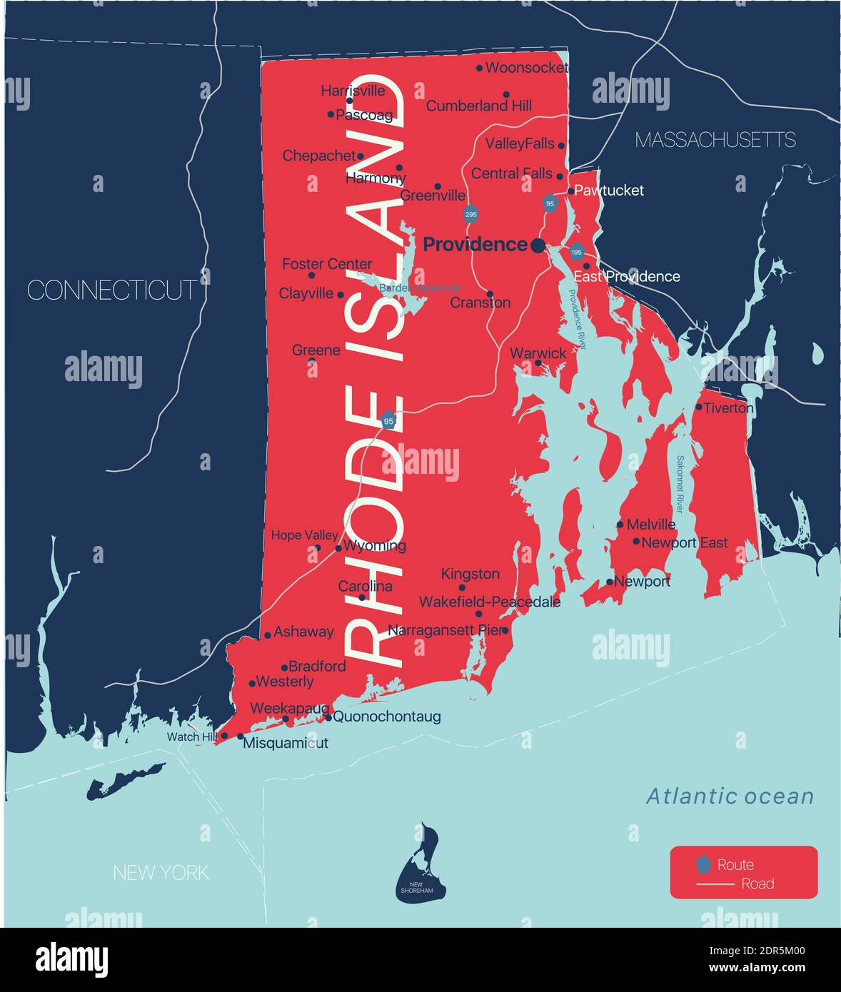Rhode Island state detailed editable map with cities and towns, geographic sites, roads, railways, interstates and U.S. highways. Vector EPS-10 file, Stock Vector