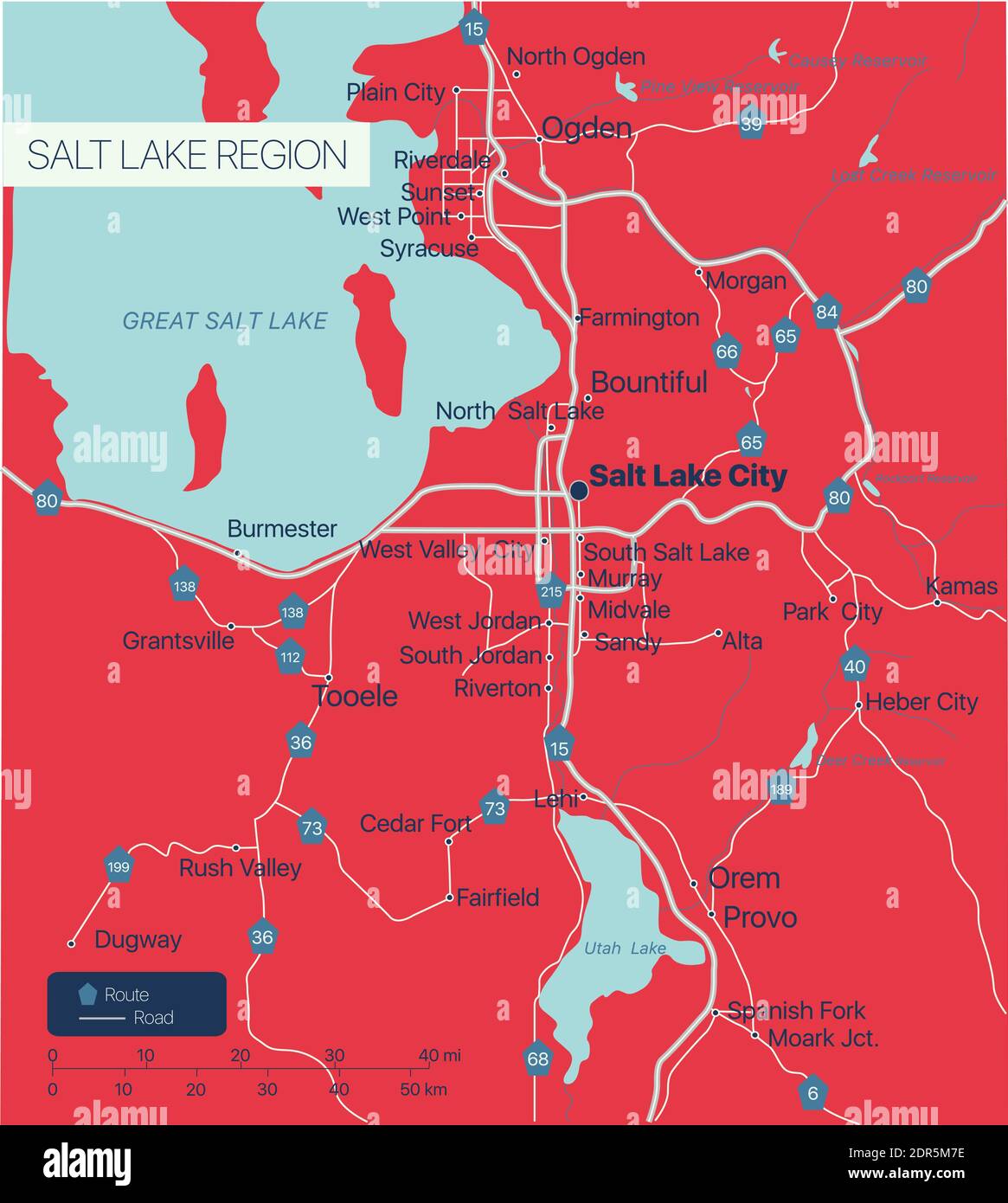 Salt Lake Region detailed editable map with cities and towns, geographic sites, roads, railways, interstates and U.S. highways. Vector EPS-10 file, tr Stock Vector