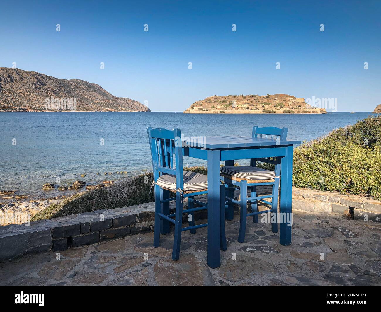 Table with a view in Restaurant in Greece Stock Photo