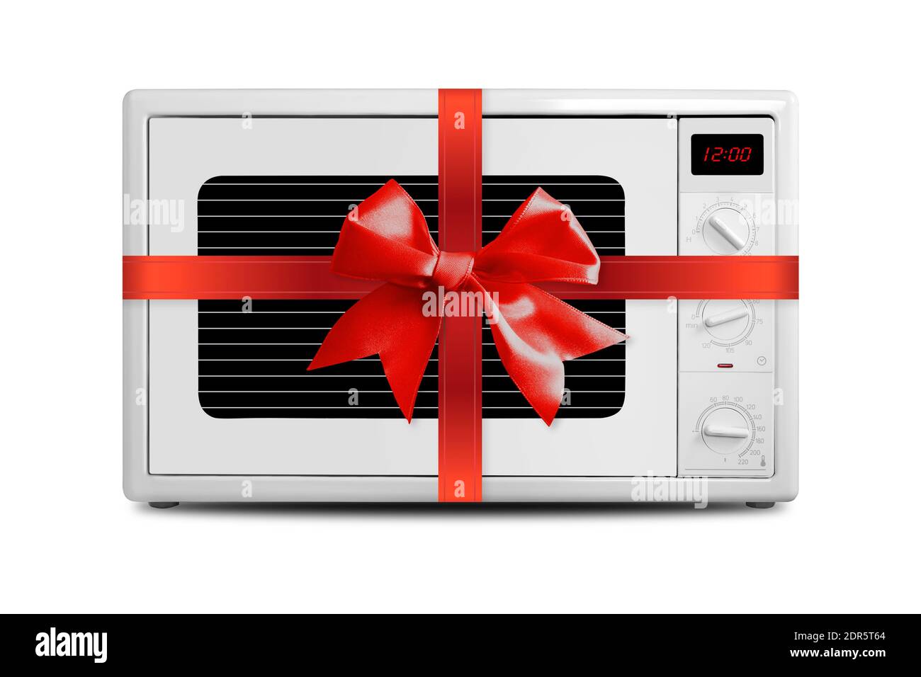 The electric Microwave oven gift tied red bow on a white background. It is isolated, the worker