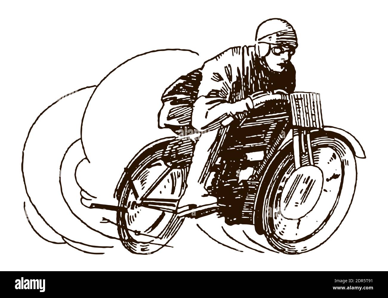 Antique racing motorcycle rider at high speed, after an illustration from the early 20th century Stock Vector