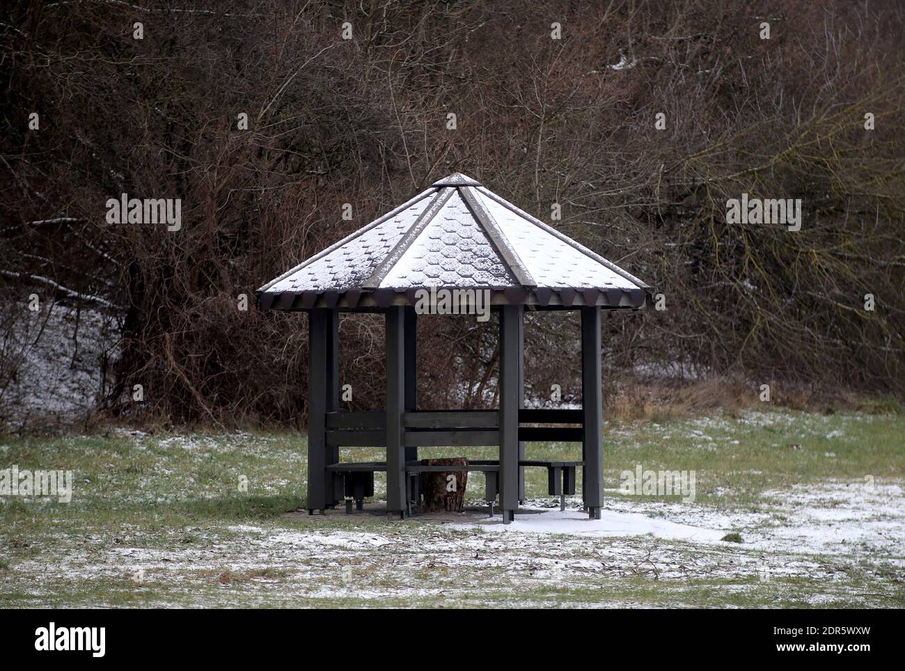 Leisure gazebo in the woods and garden with a snow-covered roof. Winter ...