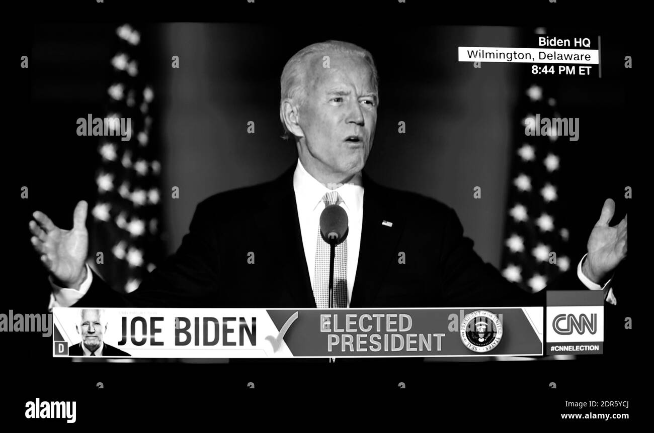 A CNN TV screenshot of Joe Biden speaking to suppporters after she was elected President of the United States. Stock Photo