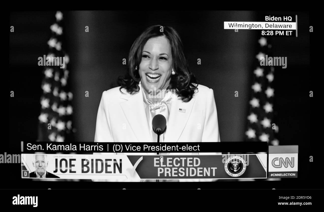 A CNN TV screenshot of Kamala Harris speaking to suppporters after she was elected Vice President of the United States. Stock Photo