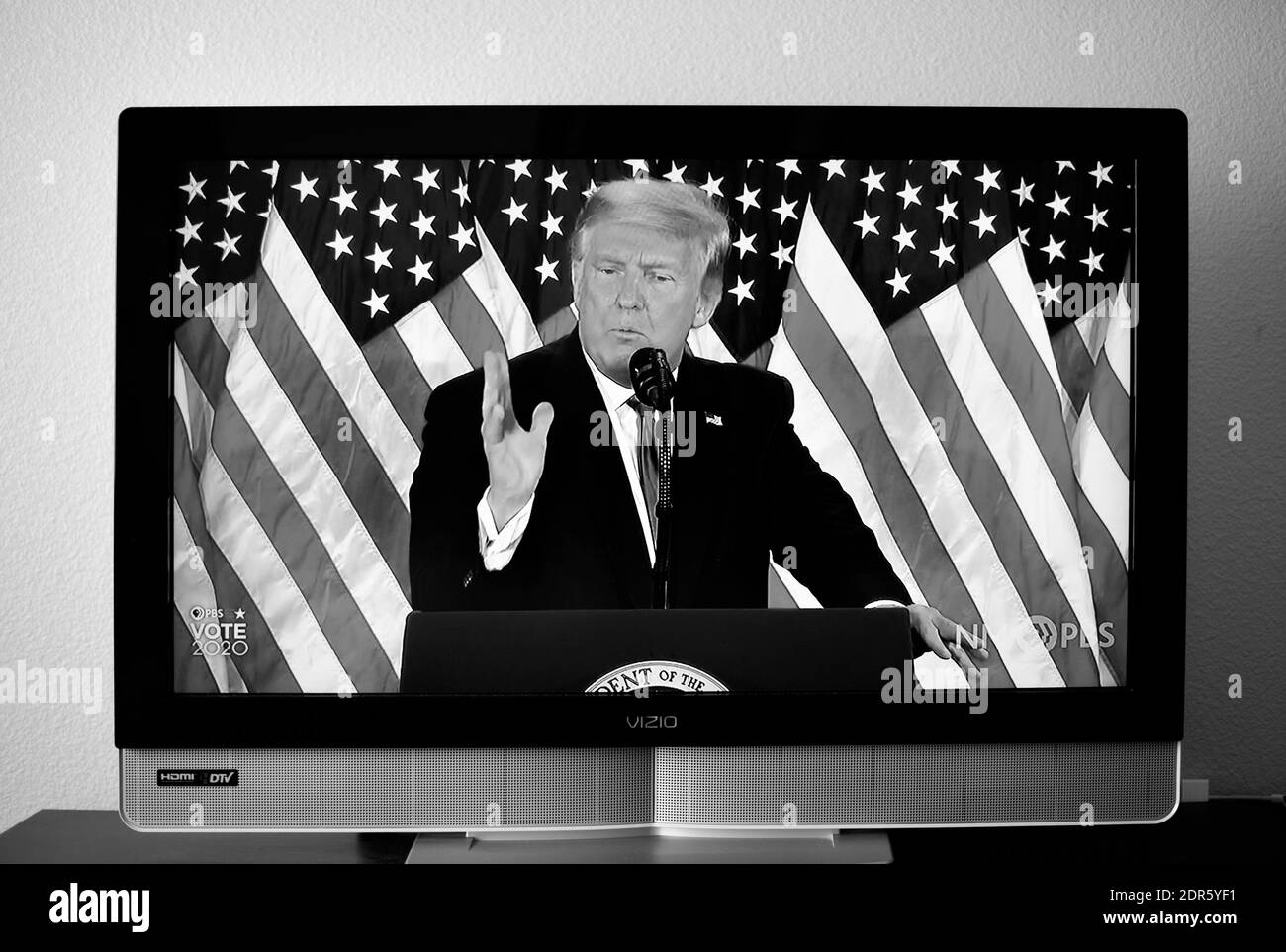 A PBS TV screenshot of U.S. President Donald Trump speaking to supporters and refuting he lost the 2020 election to Joe Biden. Stock Photo