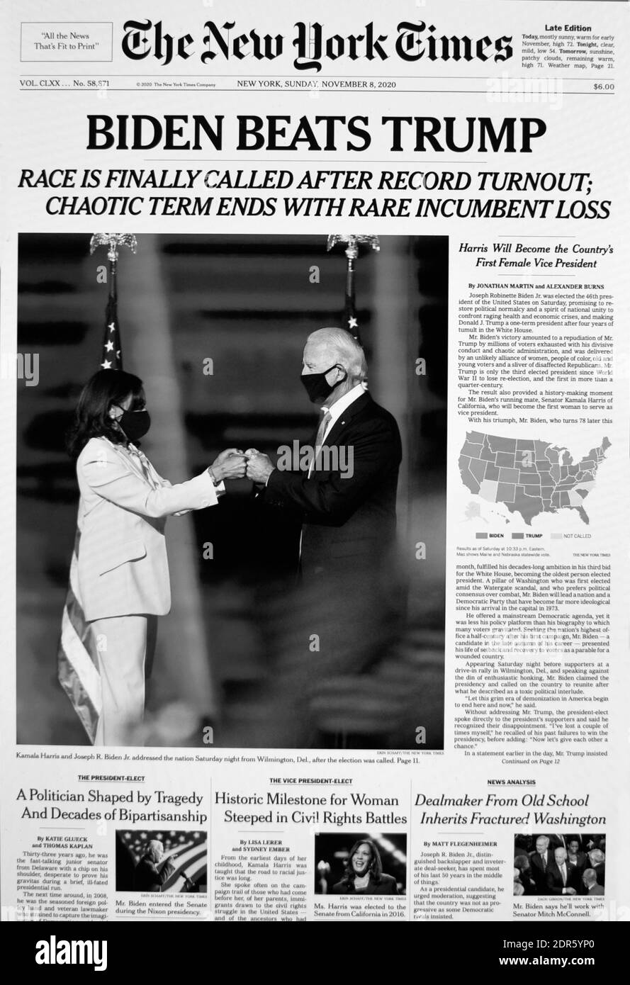 The front page of The New York Times on Sunday, November 8, 2020, with a headline declaring Joe Biden beat Donald Trump in the Presidental election. Stock Photo