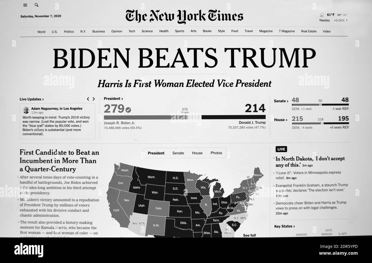 A computer screenshot of The New York Times website on November 7, 2020, declaring that Joe Biden beat Donald Trump in the U.S. Presidential election. Stock Photo