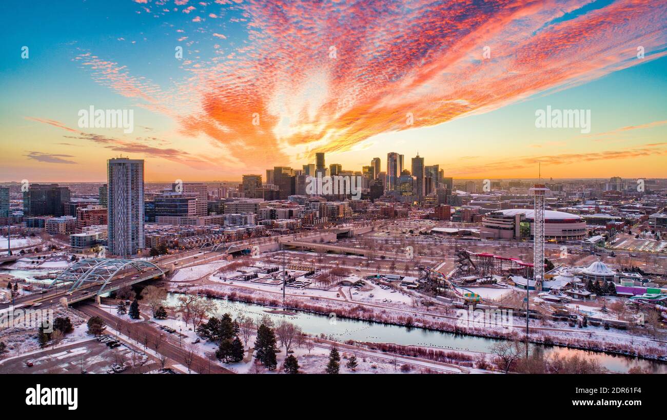 Denver, Colorado, USA Downtown Skyline Drone Aerial. Stock Photo