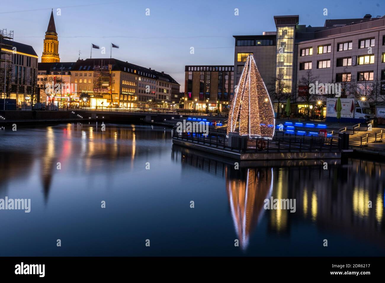 Blue hour in the city of Kiel in Nothern Germany Stock Photo