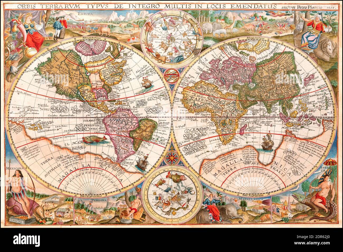 Rare Old World Map, 1594 By Petrus Plancius Stock Photo