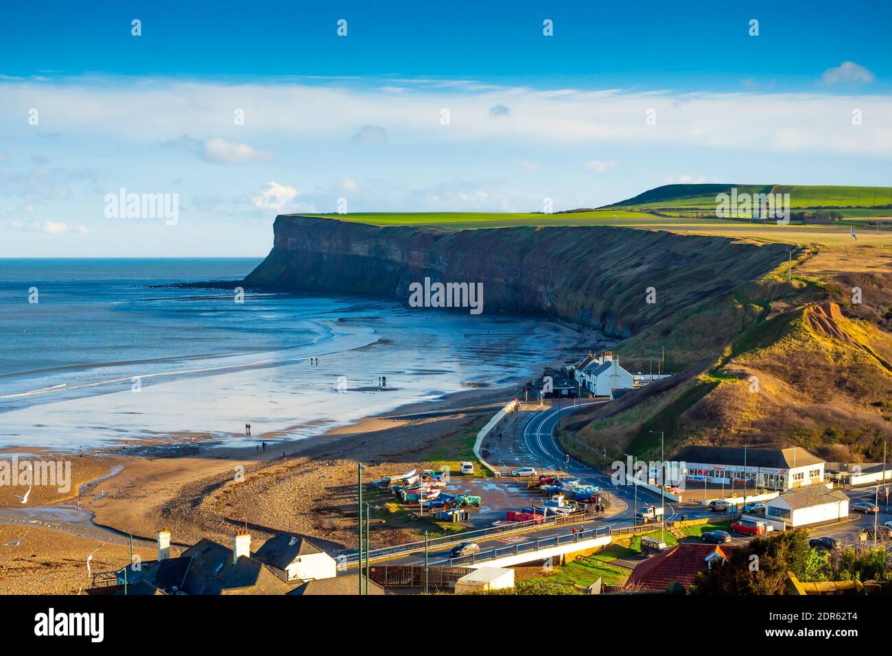 Saltburn by the Sea view from the cliff above the pier southwards to Warsett Hill and imposing Huntcliff Stock Photo
