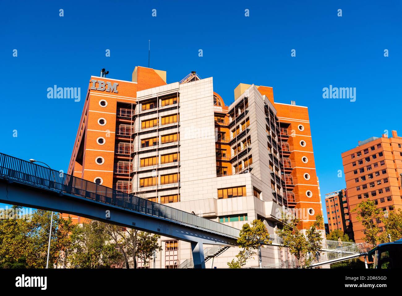 Madrid, Spain - Novemeber 10, 2020: IBM technology company headquarters in Madrid. View against blue sky Stock Photo