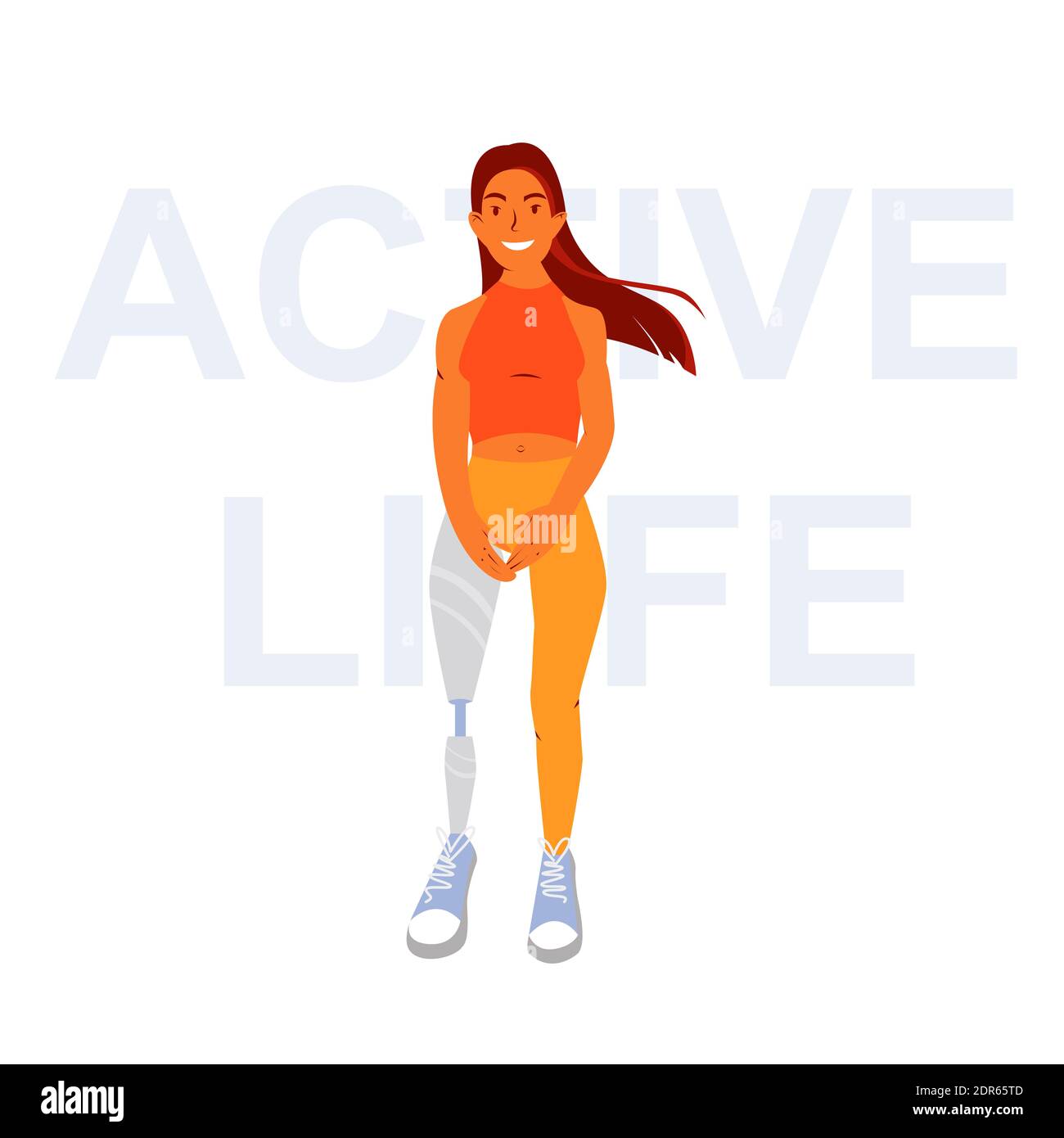 Happy woman with a prosthesis leg illustration in flat style. Vector concept of disabled woman Stock Photo