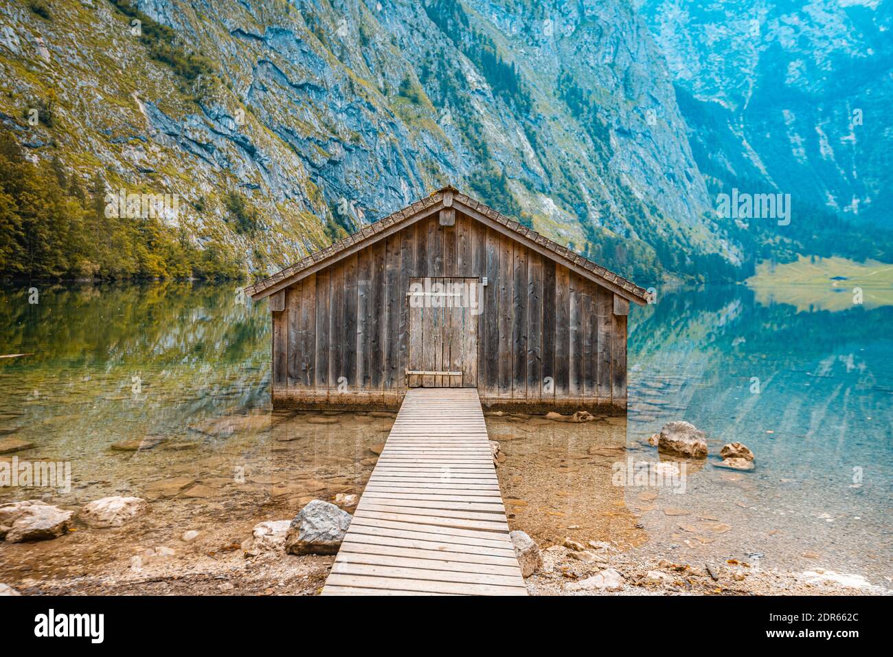 Boathouse in Obersee lake German Alps Stock Photo