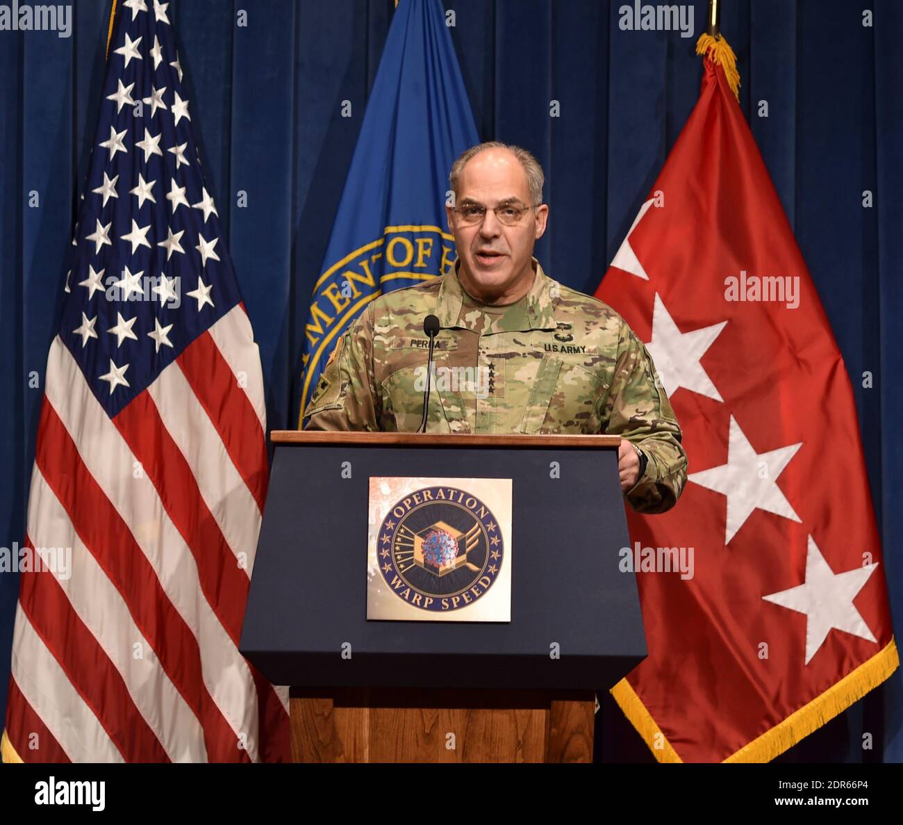 USA. 19th Dec, 2020. WASHINGTON (Dec. 19, 2020) Gen. Gus Perna speaks about distribution of the recently authorized Moderna COVID-19 Vaccine. The vaccine was granted an Emergency Use Authorization as part of Operation Warp Speed, a whole-of-America effort to rapidly develop, manufacture and distribute safe and effective COVID-19 vaccines to the American people. (DoD photo by Chief Mass Communication Specialist Charles Hayes//Sipa USA)* Handout Photo* Credit: Sipa USA/Alamy Live News Stock Photo
